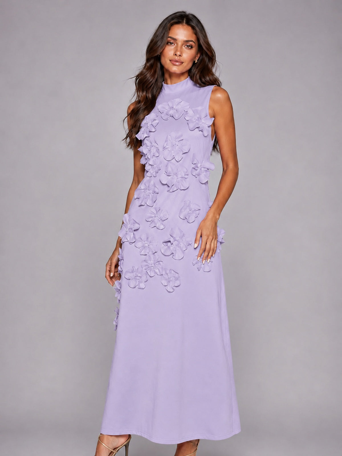 3D Floral Applique High Neck Prom Maxi Dress