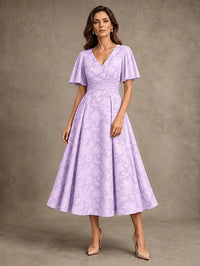 V-Neck Floral Jacquard Tea-Length Mother of the Bride Dress