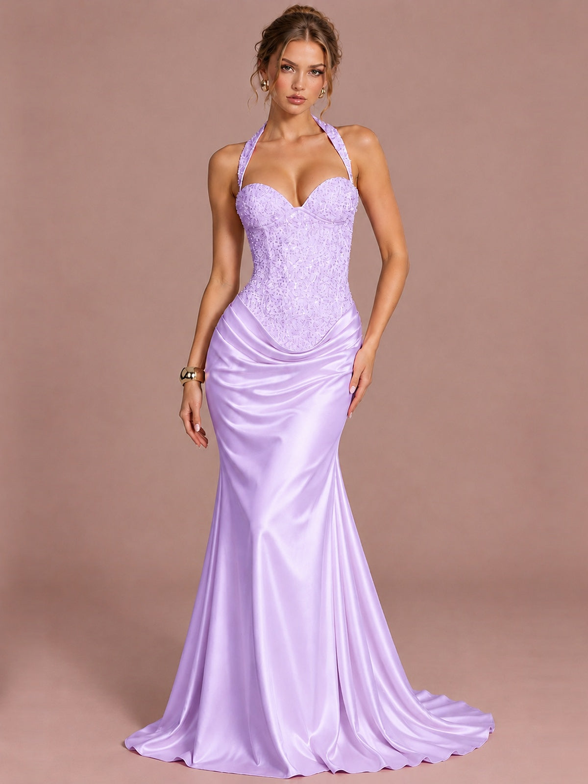 Lilac Sparkling Halter Corset Satin Mermaid Prom Dress Long Ruched Sequin Formal Gown Evening Party Dress