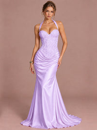 Lilac Sparkling Halter Corset Satin Mermaid Prom Dress Long Ruched Sequin Formal Gown Evening Party Dress