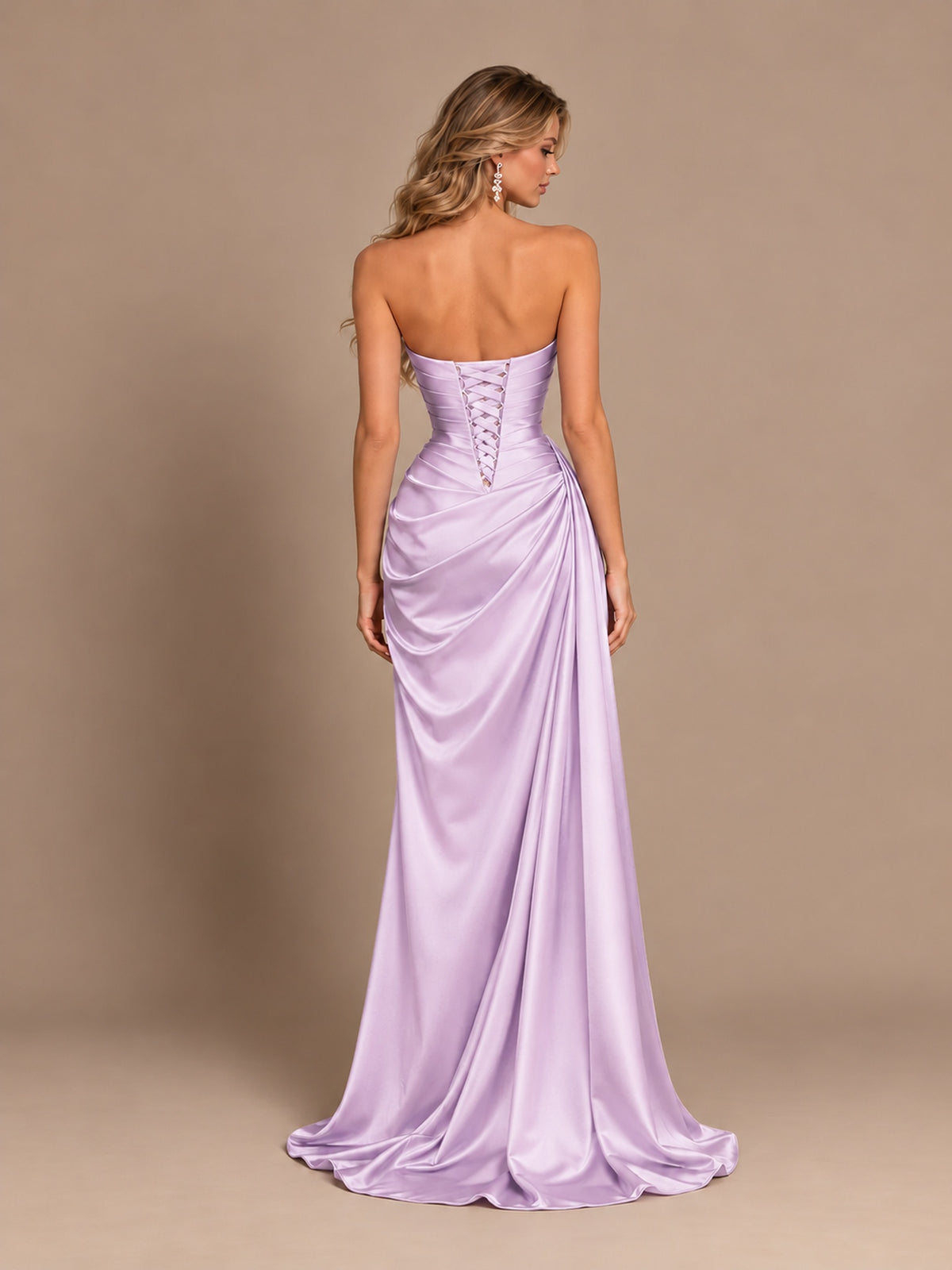 Dusty Blue Strapless Satin Prom Dress with Ruched Bodice and Slit