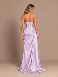 Dusty Blue Strapless Satin Prom Dress with Ruched Bodice and Slit