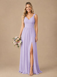 Pleated Chiffon V Neck Wedding Bridesmaid Dresses Floor Length with Slit