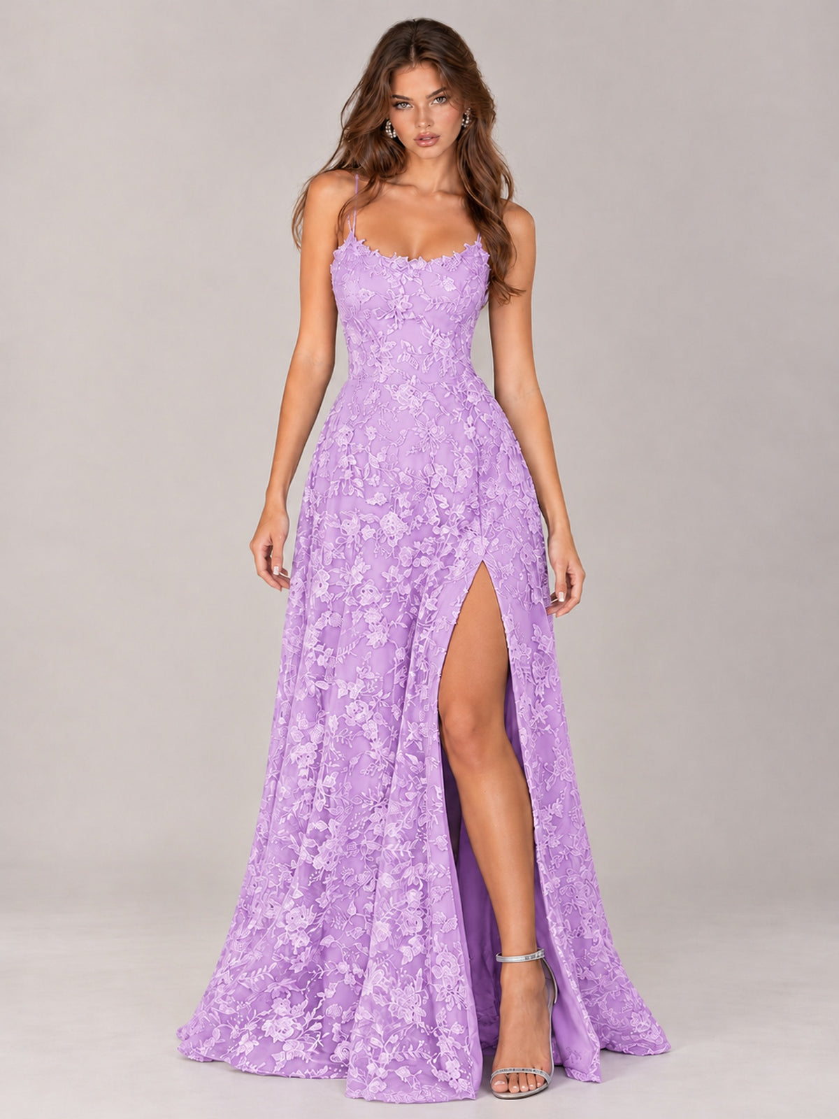 Floral Lace A-Line Prom Dress with Spaghetti Straps & High Slit