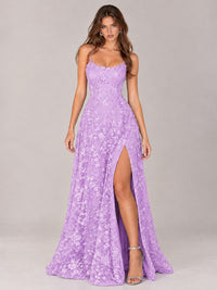 Floral Lace A-Line Prom Dress with Spaghetti Straps & High Slit