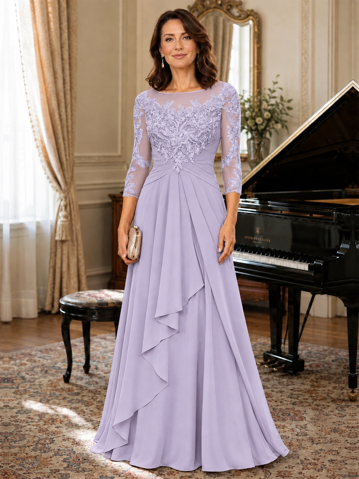 A-Line Chiffon Mother of the Bride Dress with Floral Applique 3/4 Sleeves