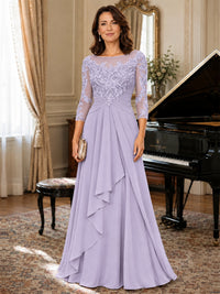 A-Line Chiffon Mother of the Bride Dress with Floral Applique 3/4 Sleeves