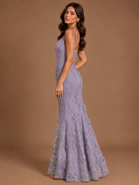 Floral Applique Mermaid Formal Dress with Lace-Up Back