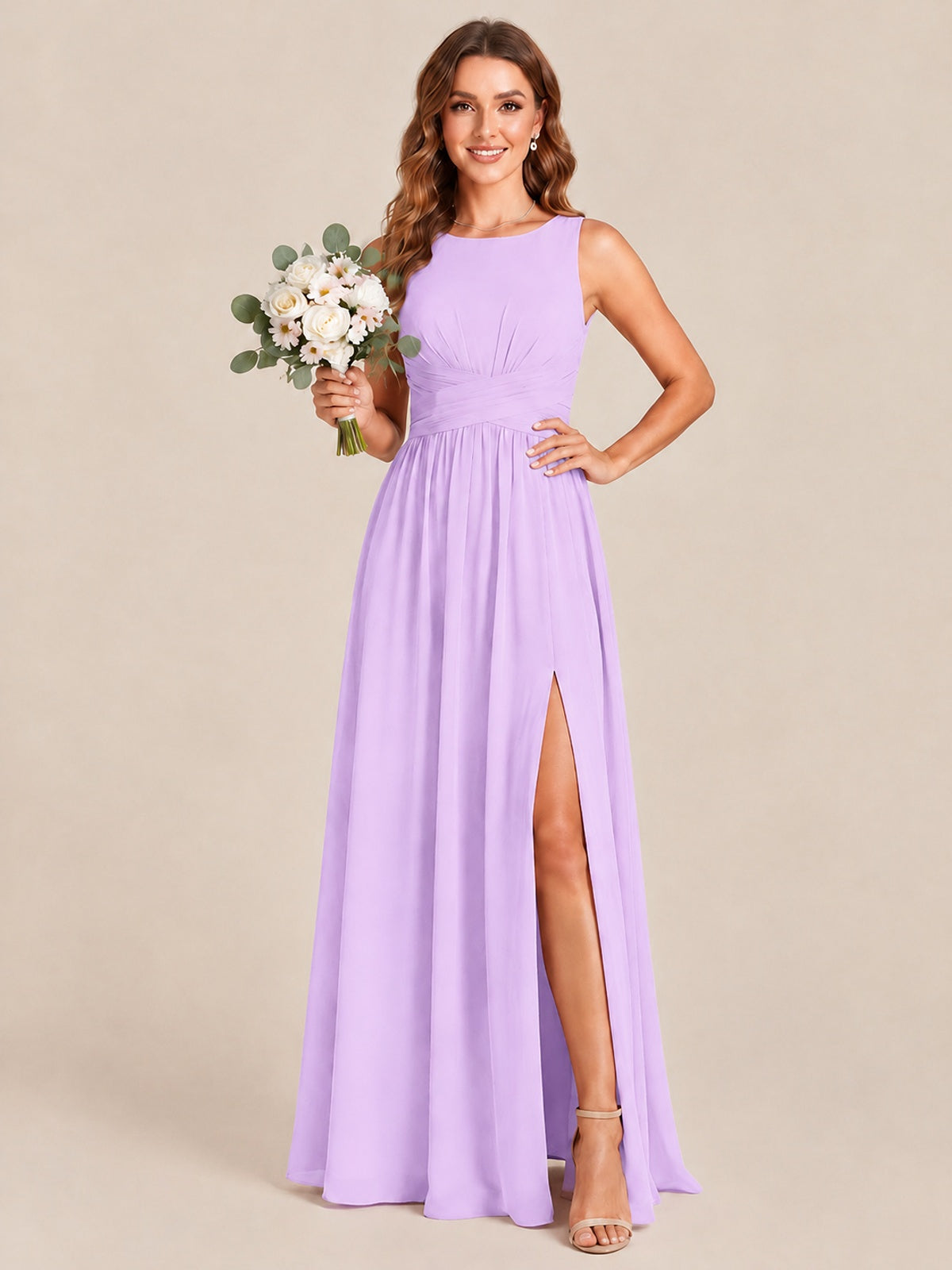 A-line Sleeveless Rucehd Chiffon Bridesmaid Dress with High Slit