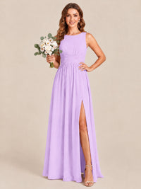A-line Sleeveless Rucehd Chiffon Bridesmaid Dress with High Slit