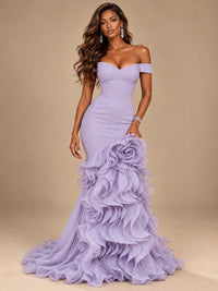 Dusty Blue Off-the-Shoulder Mermaid Prom Dress with 3D Rose & Ruffles