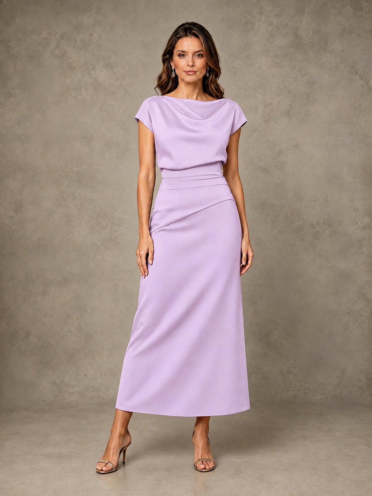 Cowl Neck Satin Mother of the Bride Dress with Ruched Waist