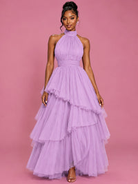 Hot Pink Tulle Halter Neck Tiered Ruffle Maxi Dress