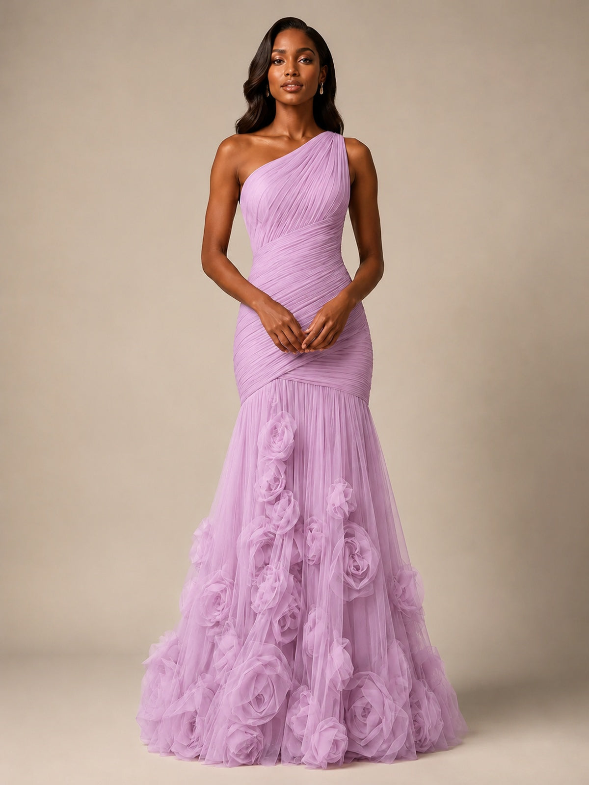 Blush Pink One Shoulder 3D Floral Mermaid Prom Dress
