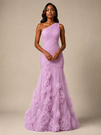 Blush Pink One Shoulder 3D Floral Mermaid Prom Dress
