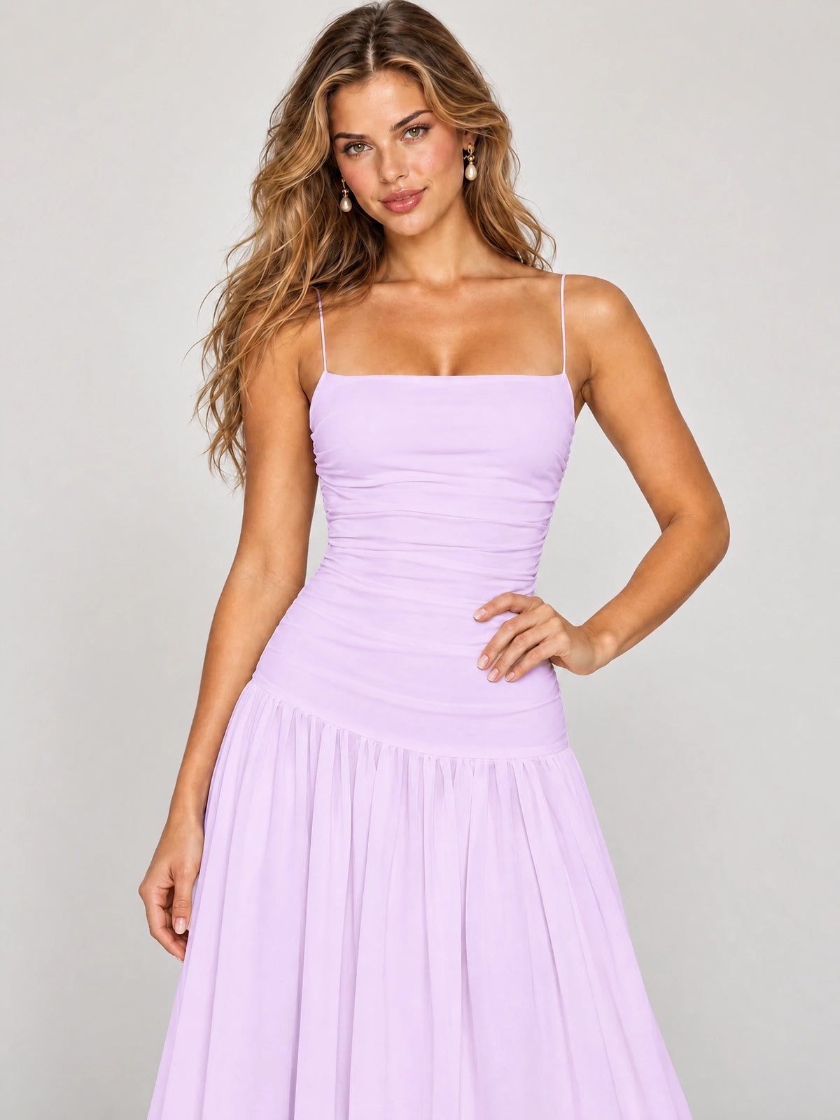 Butter Yellow Ruched Spaghetti Strap Drop-Waist Prom Dress