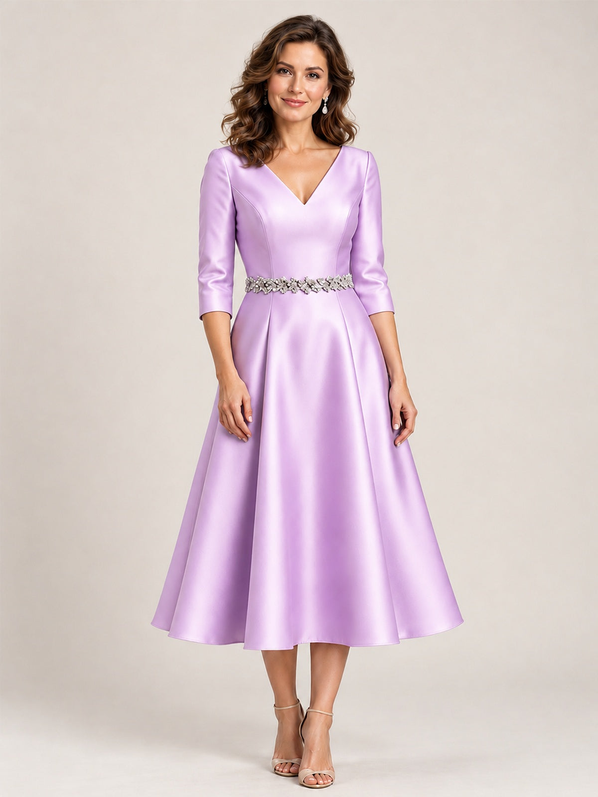 Lilac V-Neck Tea-Length Mother of the Bride Dress with Embellished Waist