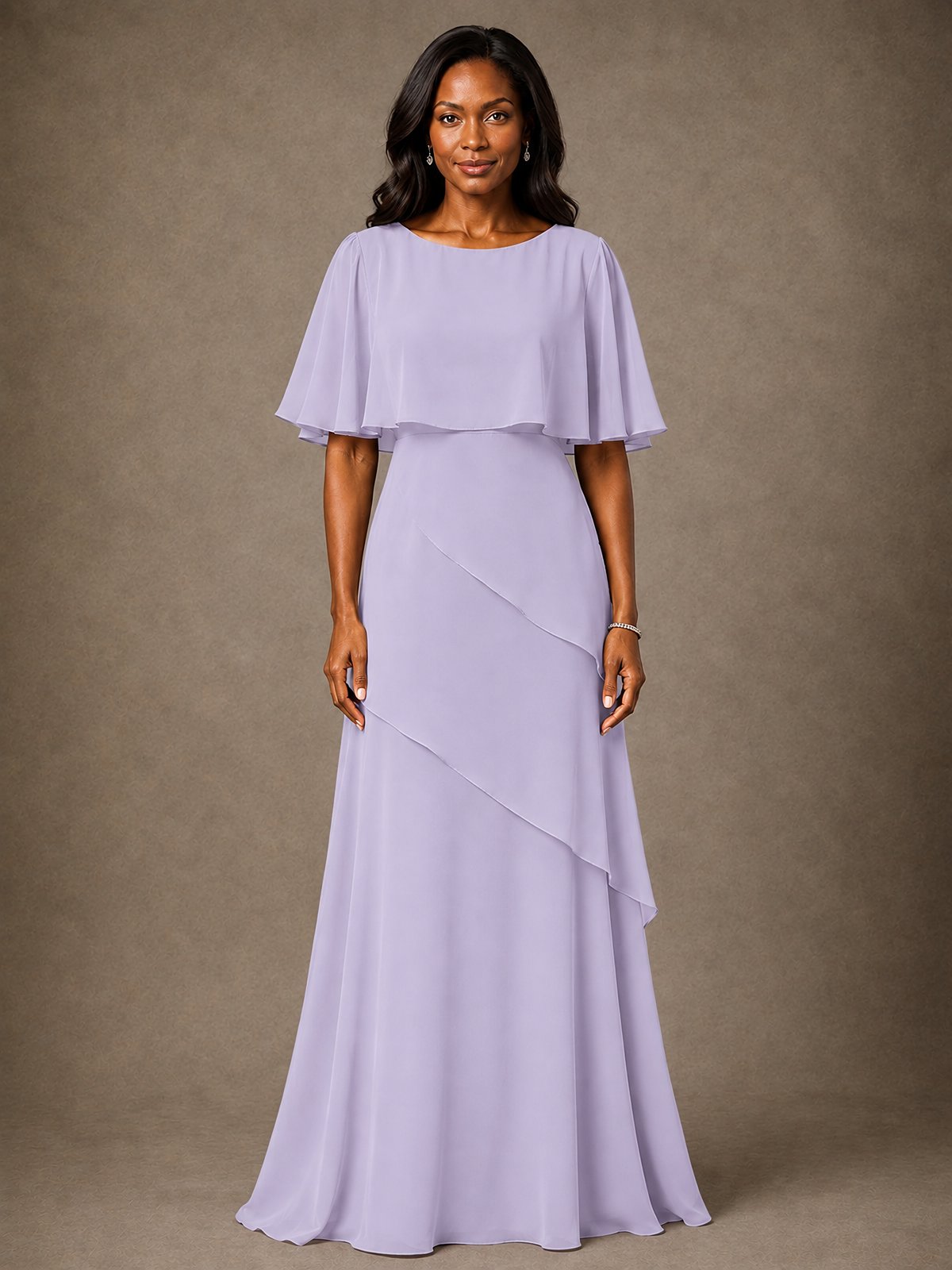 Taupe Chiffon A-Line Mother of the Bride Dress with Cape Sleeves