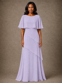 Taupe Chiffon A-Line Mother of the Bride Dress with Cape Sleeves