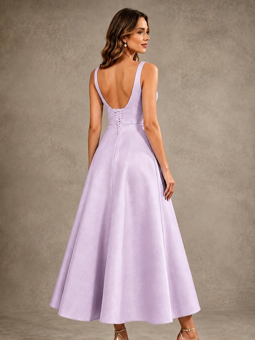 Tea-Length Satin Mother of the Bride Dress with 3D Flower Detail