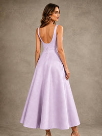Tea-Length Satin Mother of the Bride Dress with 3D Flower Detail