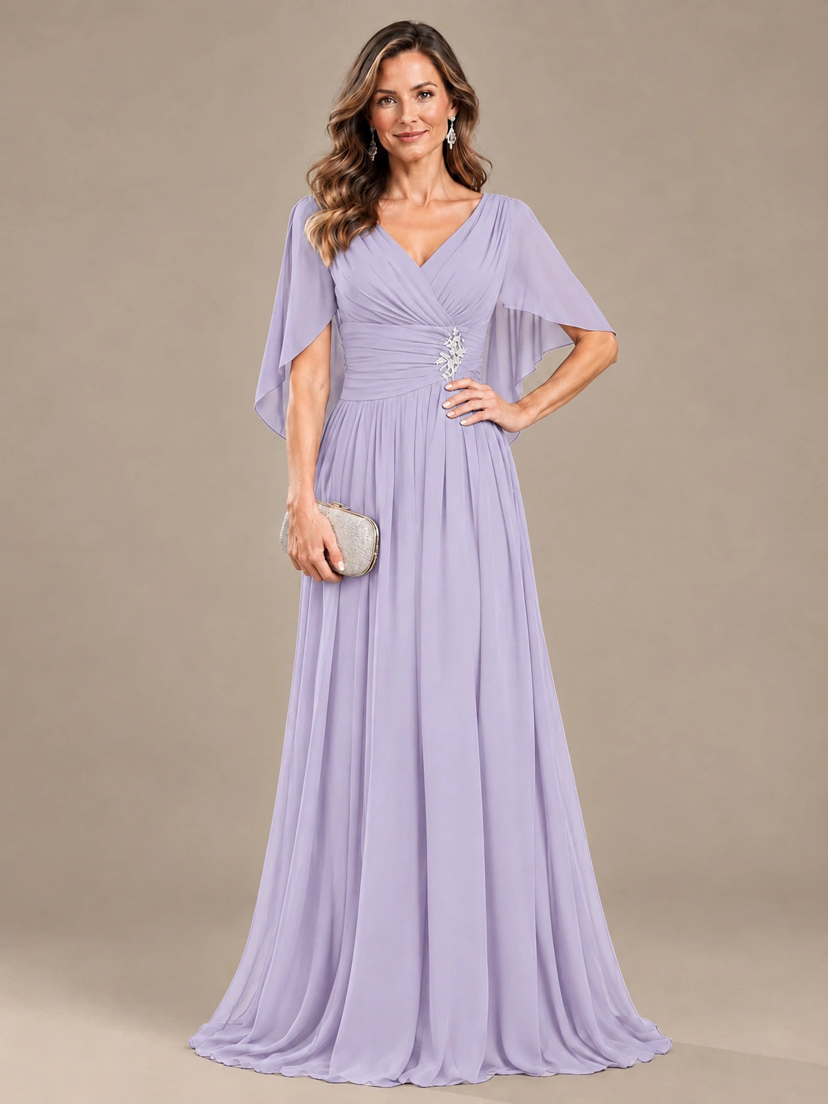Ruched V Neck Mother of The Bride Dresses with Shawls Appliques and Cap Sleeves