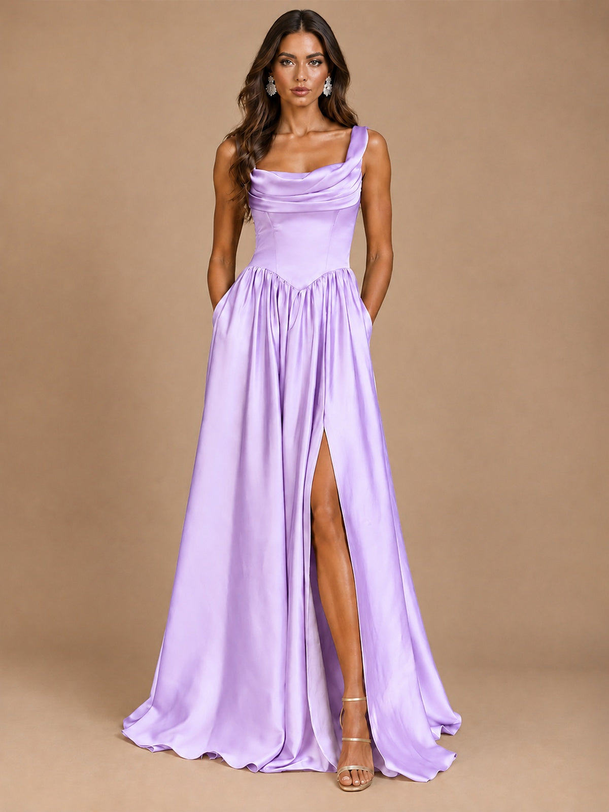 Cowl Neck Pleated Satin Prom Dress with Pockets & Slit Maxi Formal Gowns