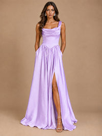 Cowl Neck Pleated Satin Prom Dress with Pockets & Slit Maxi Formal Gowns