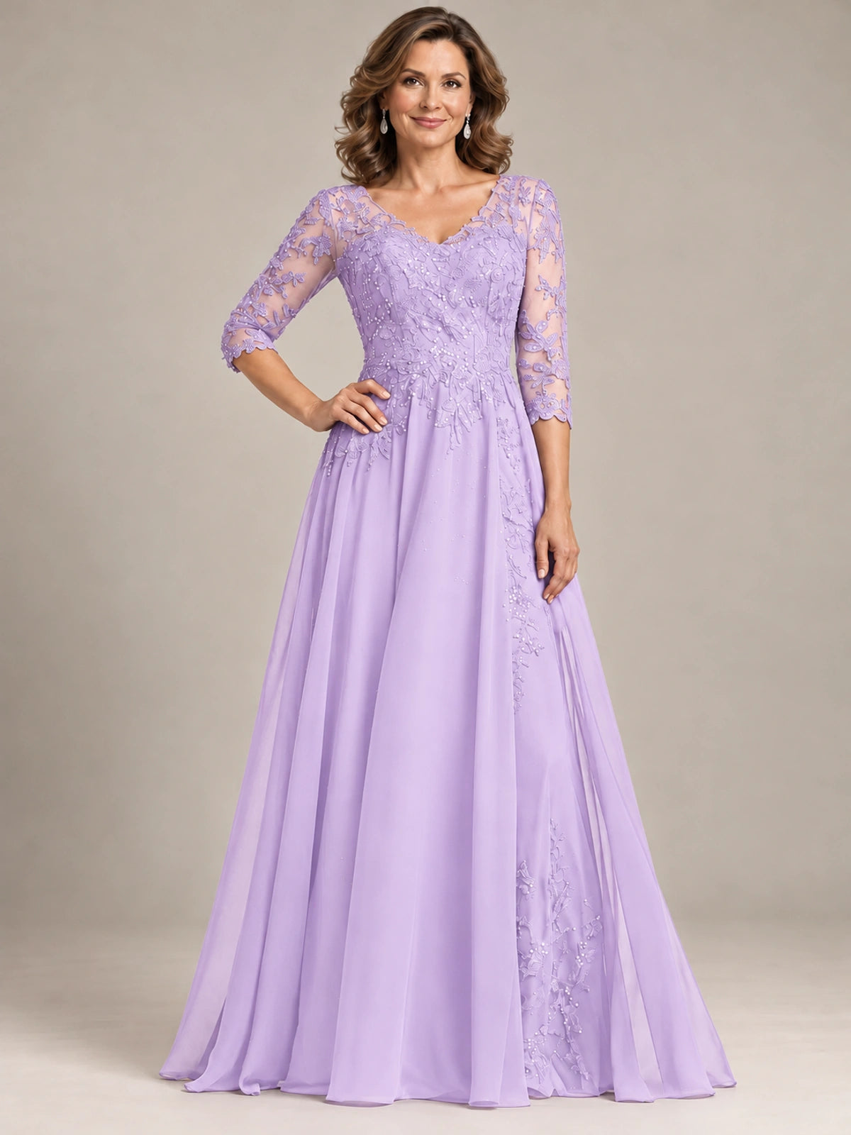Sequin Lace A-Line Mother of the Bride Dress with 3/4 Sleeves