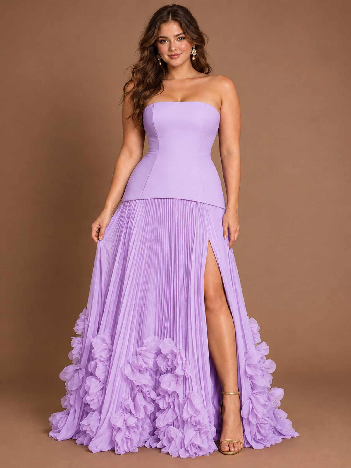 Strapless Pleated Floral Satin Formal Dress with Side Slit