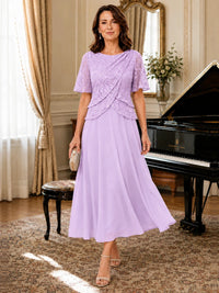 Tea-Length Chiffon Mother of the Bride Dress with Sequin Lace Sleeves