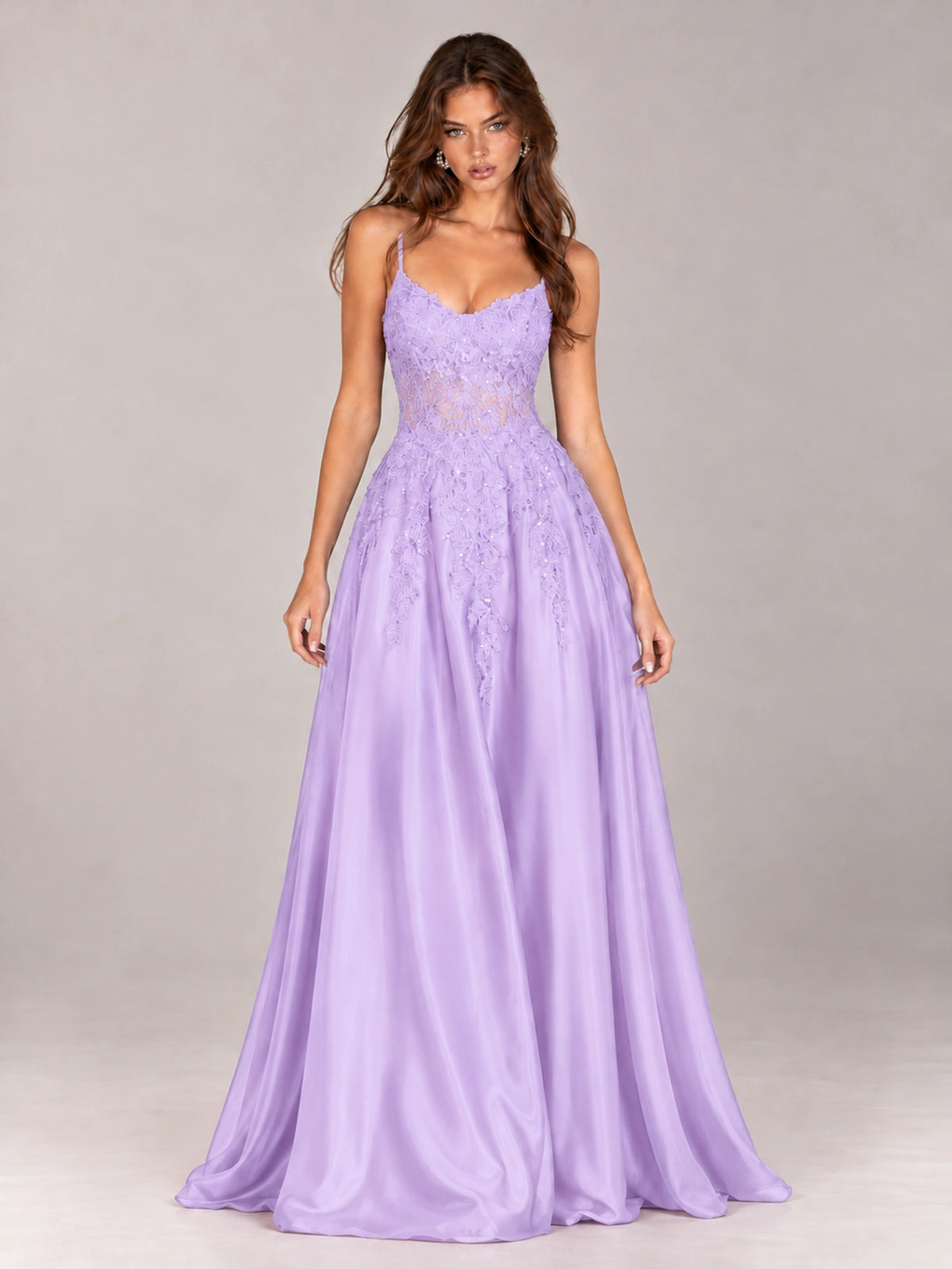 Lace Applique Satin A-Line Prom Dress with Sheer Bodice