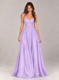 Lace Applique Satin A-Line Prom Dress with Sheer Bodice