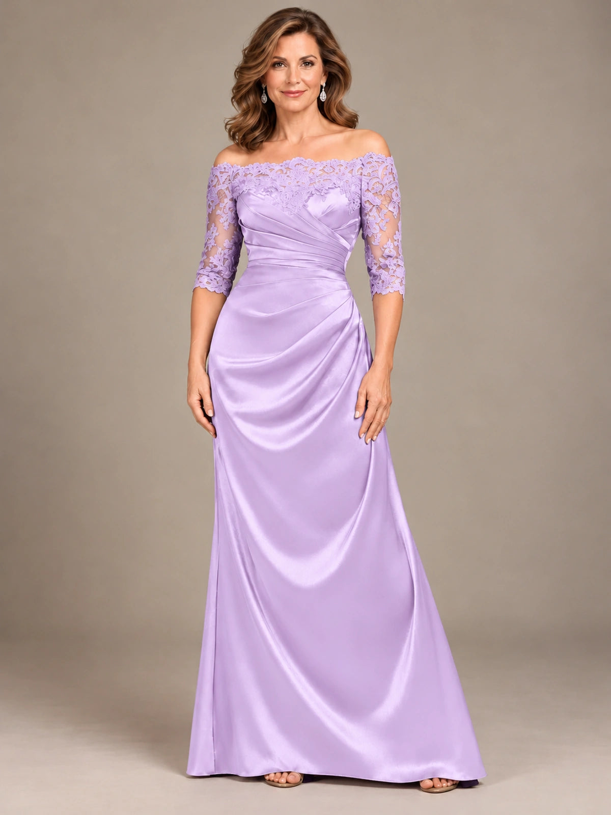 Satin Mother of the Bride Dress with Lace Sleeves Off Shoulder Formal Gown