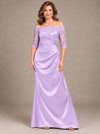 Satin Mother of the Bride Dress with Lace Sleeves Off Shoulder Formal Gown