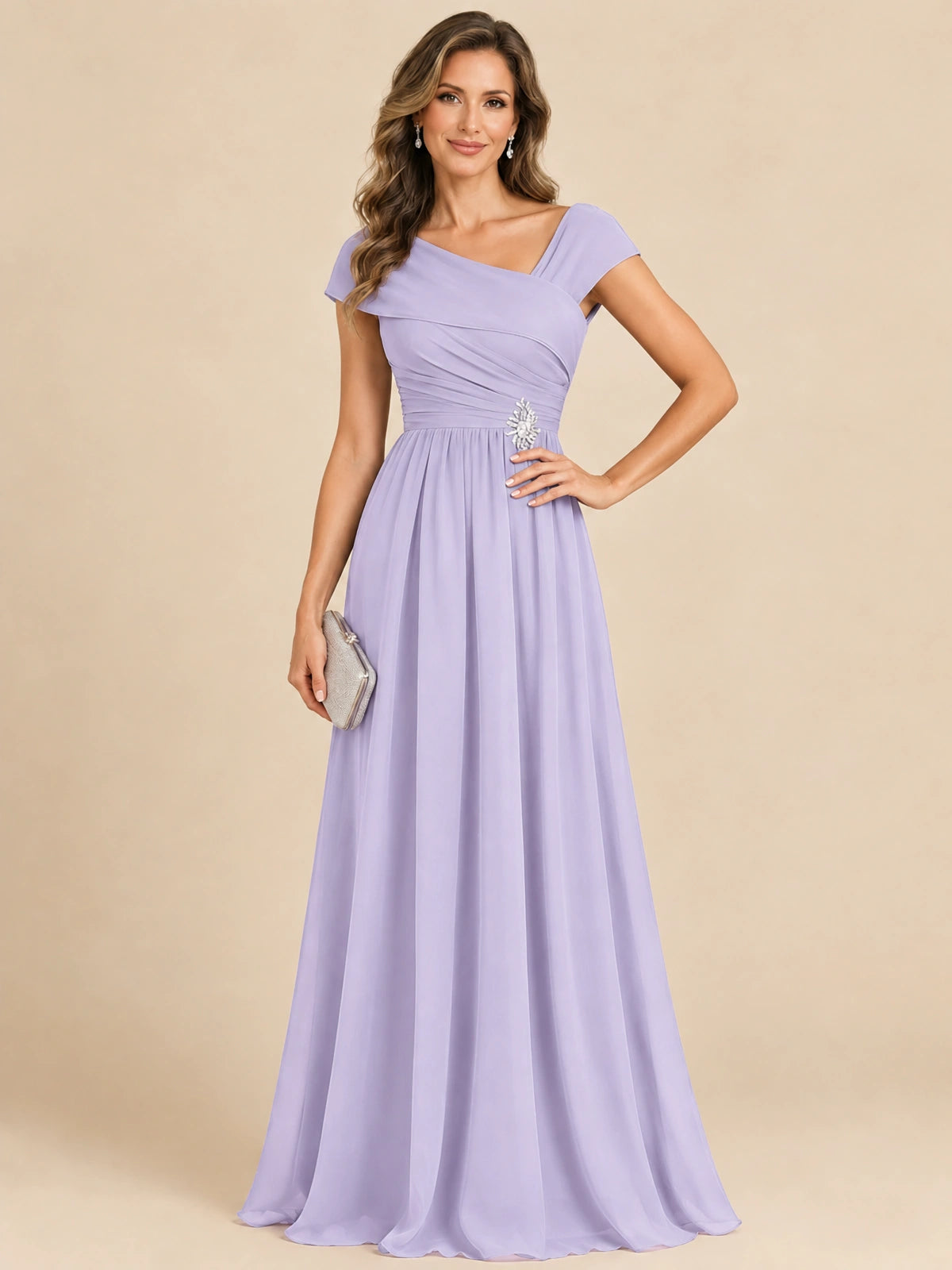 Cap Sleeve Mother of The Bride Dresses Long Chiffon Formal Gowns