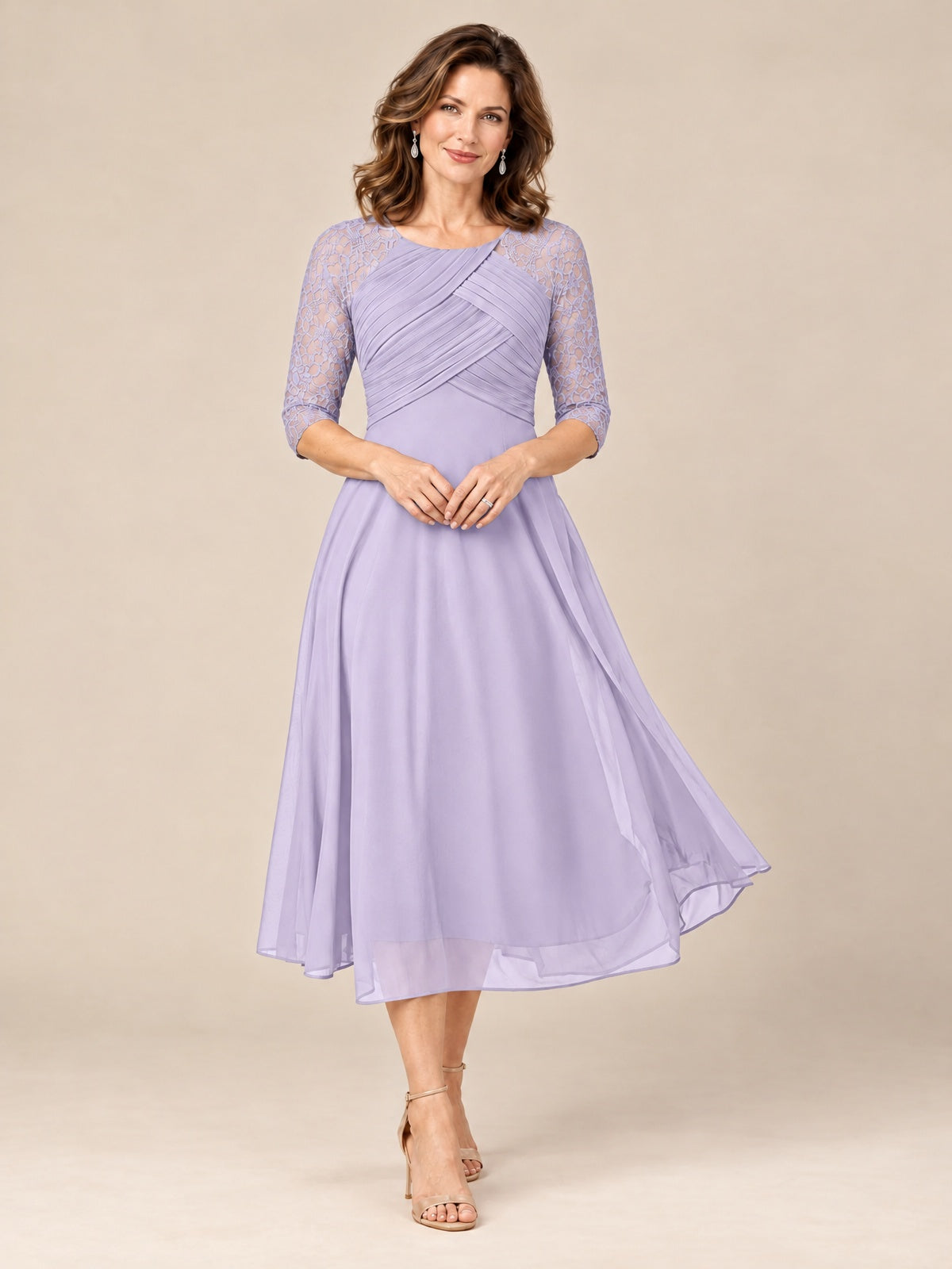 Lilac-Lace Applique Pleated Tea Length Mother of The Bride Dresses