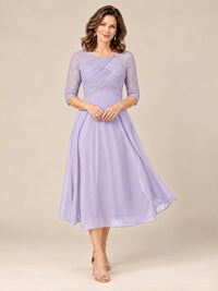Lilac-Lace Applique Pleated Tea Length Mother of The Bride Dresses