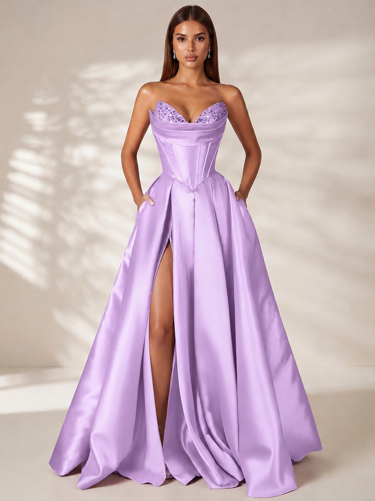 Lilac Strapless Corset Satin Prom Dress Long Evening Gown with High Slit