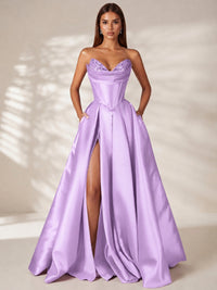 Lilac Strapless Corset Satin Prom Dress Long Evening Gown with High Slit