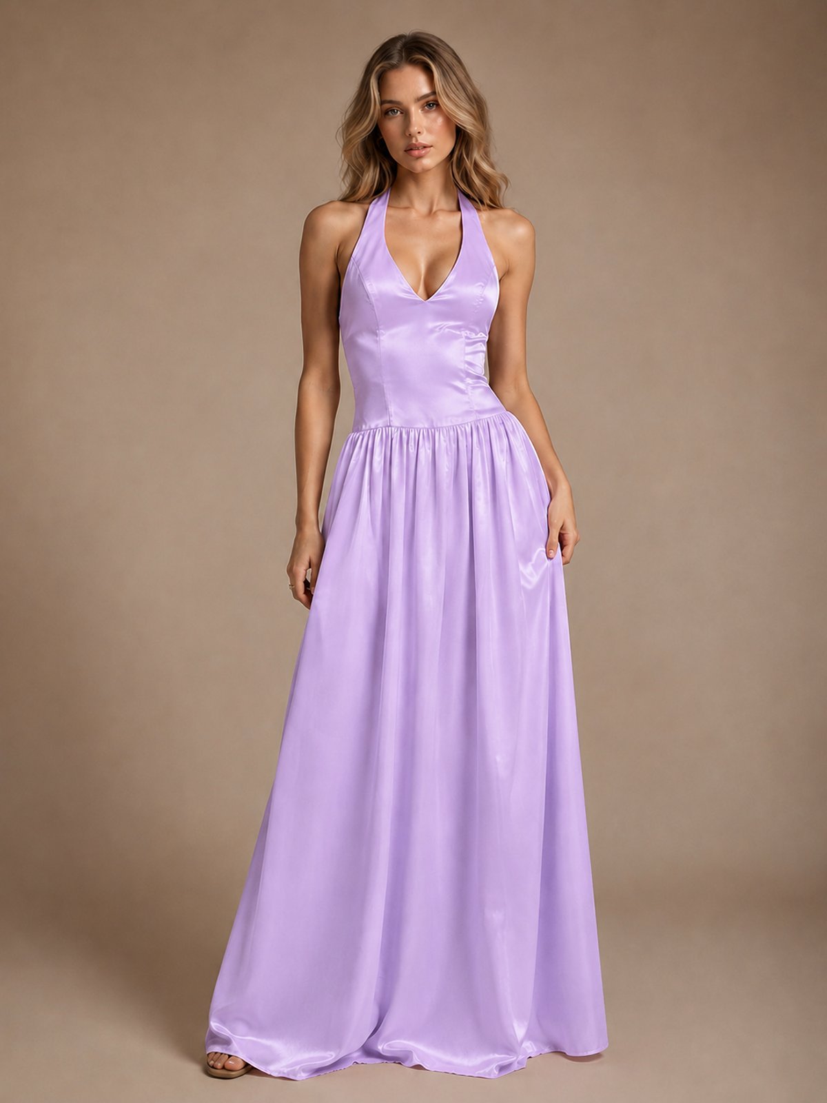 Pink V Neck Halter Satin Maxi Dress