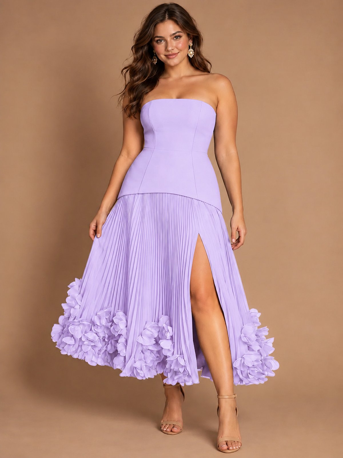 Navy Blue Strapless Pleated A-Line Midi Dress with 3D Floral Applique