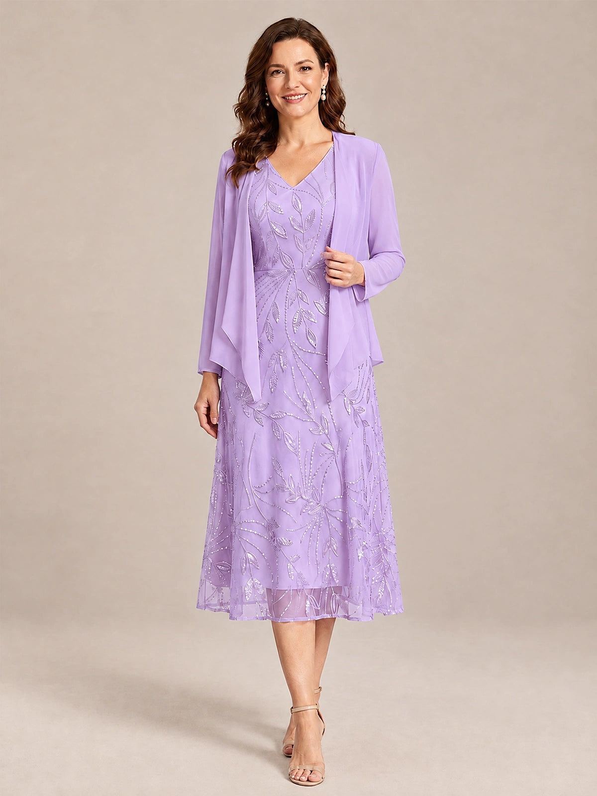 Lilac-2 Piece Lace Appliques Chiffon Mother of The Bride Dress with Sequin