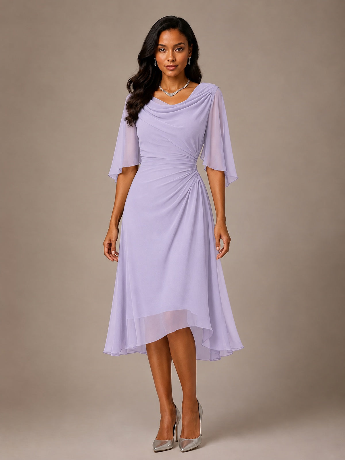 Cowl Neck Ruched Chiffon Mother of the Bride Dresses with Flutter Sleeves