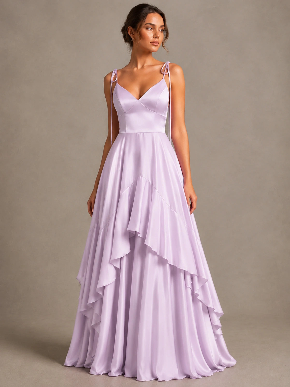 Lavender Satin V-Neck Ruffle Maxi Dress