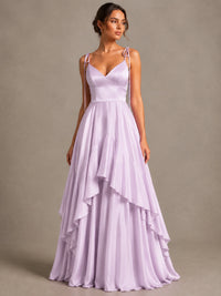 Lavender Satin V-Neck Ruffle Maxi Dress