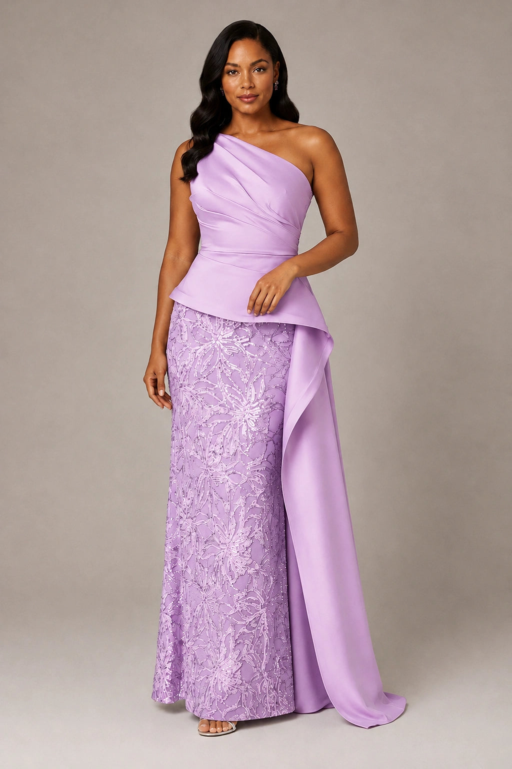 One-Shoulder Mother of the Bride Dress with Sequin Skirt and Peplum