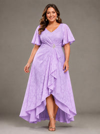 Jacquard Chiffon A-Line V-Neck High-Low Mother of the Bride Dress