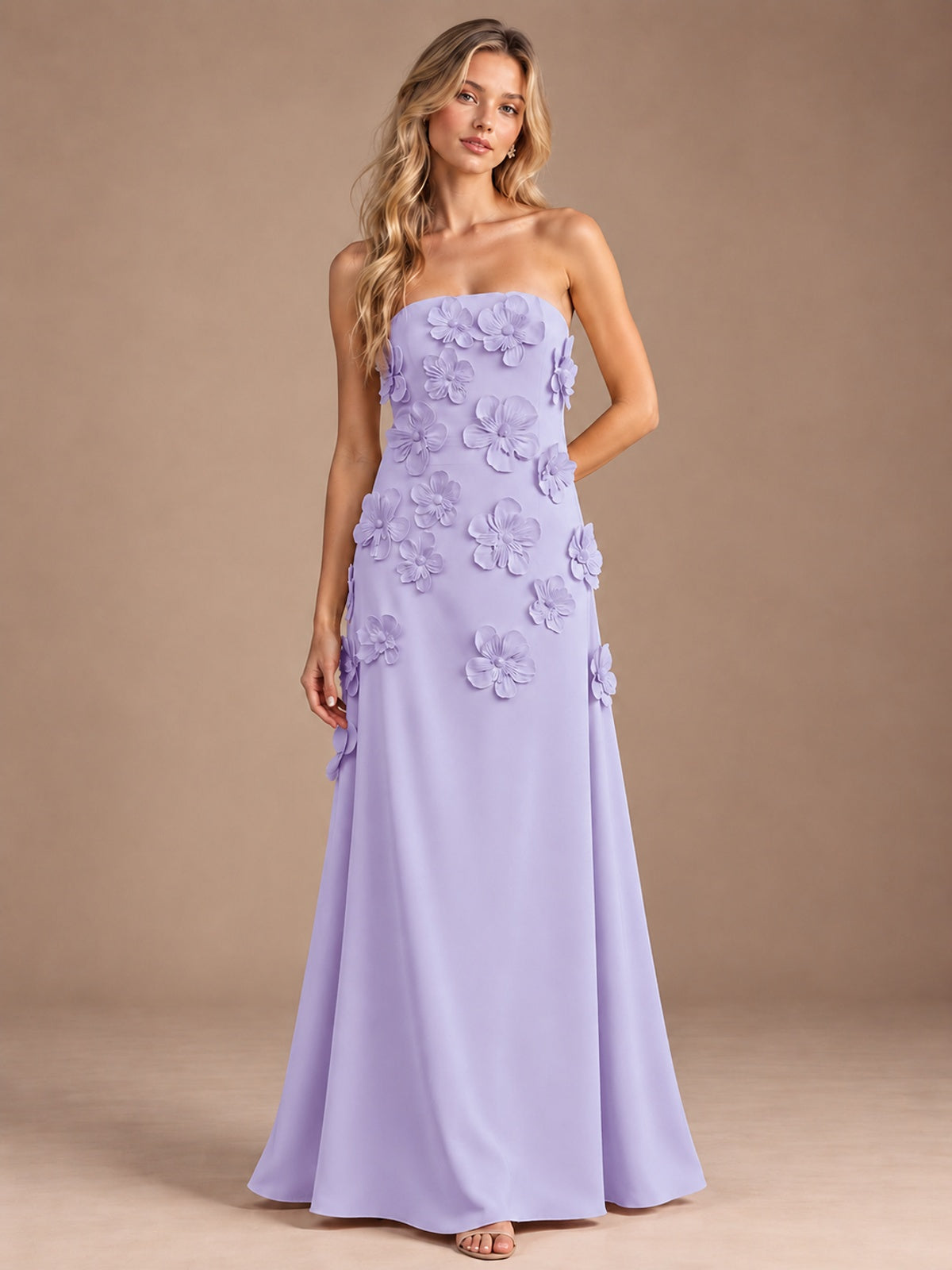 Lilac-Strapless 3D Floral A-line Satin Prom Maxi Dress Formal Evening Gown