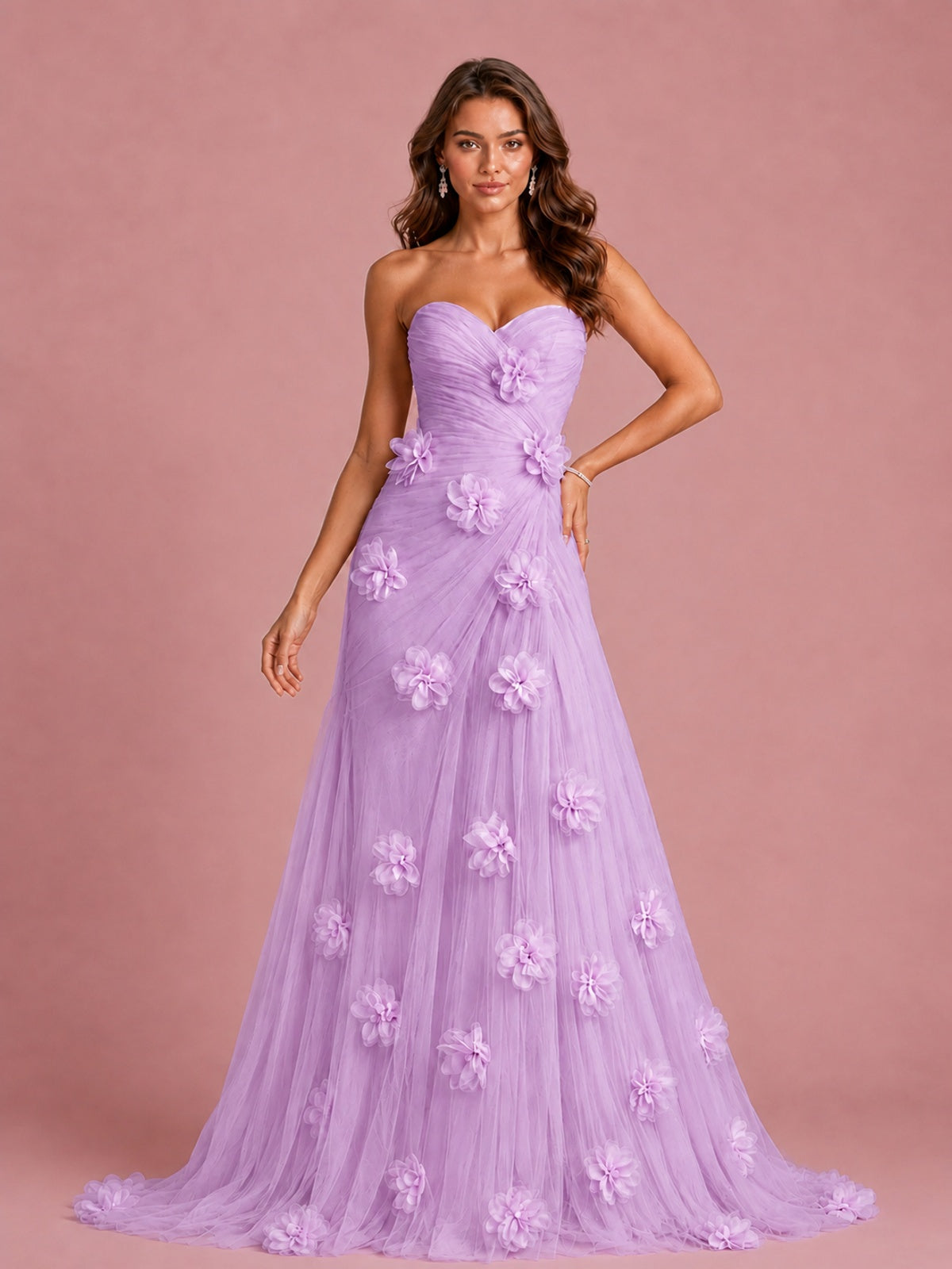 3D Floral Applique Strapless Tulle Prom Dress with High Slit